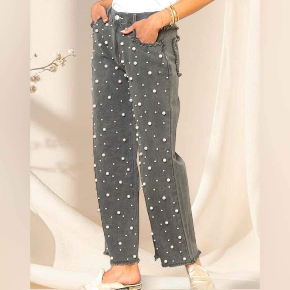 POL The Pearl Drop Jeans Distressed Straight-Leg Beaded Denim in Smoky Charcoal - Picture 3 of 6